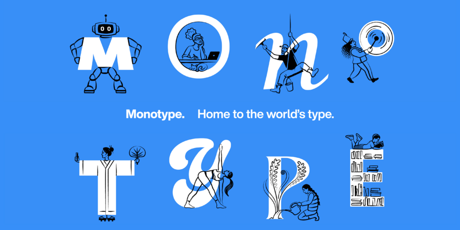 Monotype letters with playful cartoon images on each letter. Text: "Monotype. Home to the world's type." Blue background.