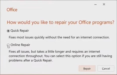Online-Reparatur für Microsoft-365-on-Windows
