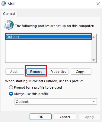 Outlook-Profil entfernen