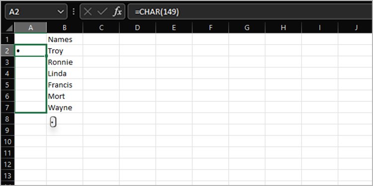 Hinzufügen von Aufzählungszeichen in Excel CHAR