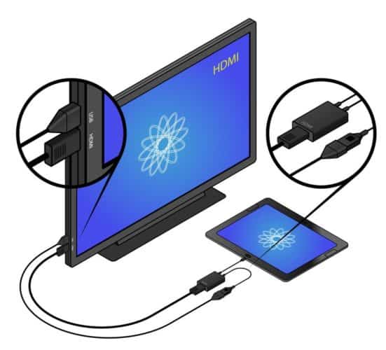 Tablet mit USB-Adapter, das an ein HDMI-Fernsehgerät angeschlossen ist