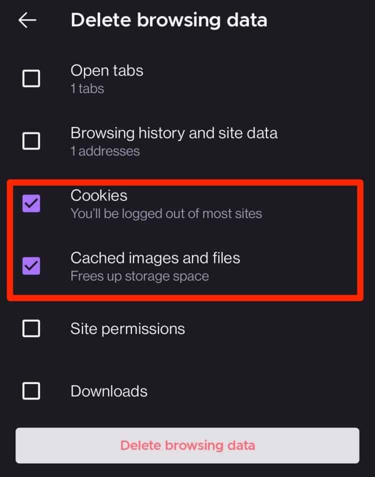 Löschen Sie Cookies und Caches in der Mozilla-App