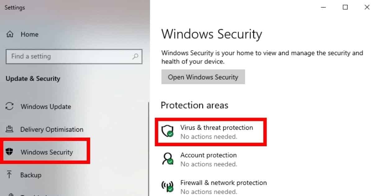 Gehen Sie in den Windows-Einstellungen zu Update und Sicherheit ></noscript> Windows-Sicherheit > Virus und Sicherheit