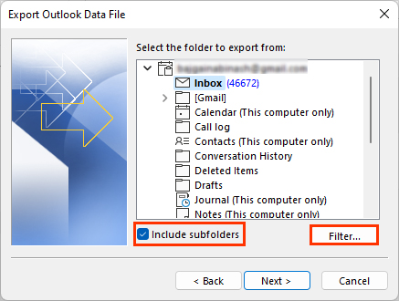 Outlook-zu exportierende Elemente auswählen