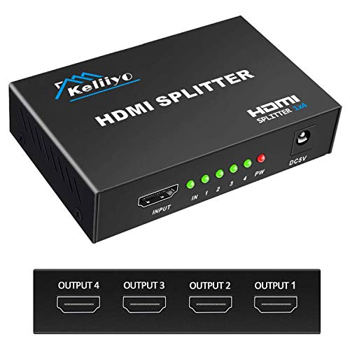 KELIIYO Hdmi Splitter 1 in 4 Out V1.4b Powered HDMI Video Splitter mit Netzteil Duplikat/Mirror Screen Monitor Unterstützt Ultra HD 1080P 2K x4K@30Hz...