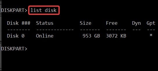 Befehl list disk